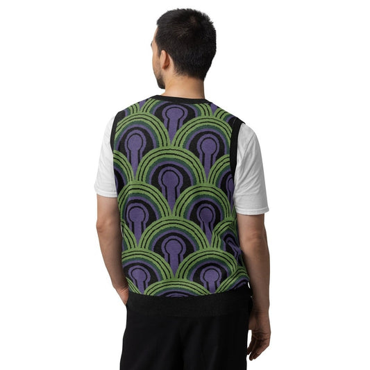 Back view of a person wearing a V-neck knitted sweater vest featuring a green, purple, and black Room 237 wallpaper pattern inspired by horror films.