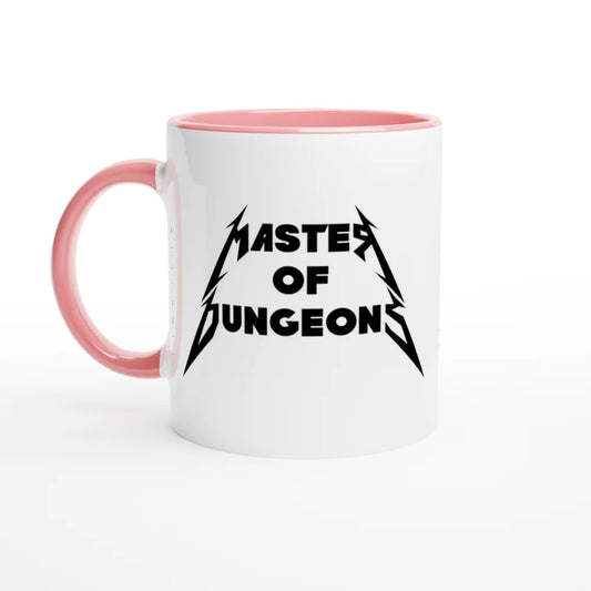 A white mug with a pink handle and rim features "Master of Dungeons" displayed in a Metallica-inspired font.