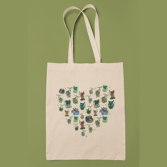 Legend of Zelda tote bag with korok pattern illustrations on a green background