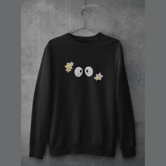 A black Soot Sprites embroidered sweater displays three stylized characters from Studio Ghibli's Spirited Away on the chest.