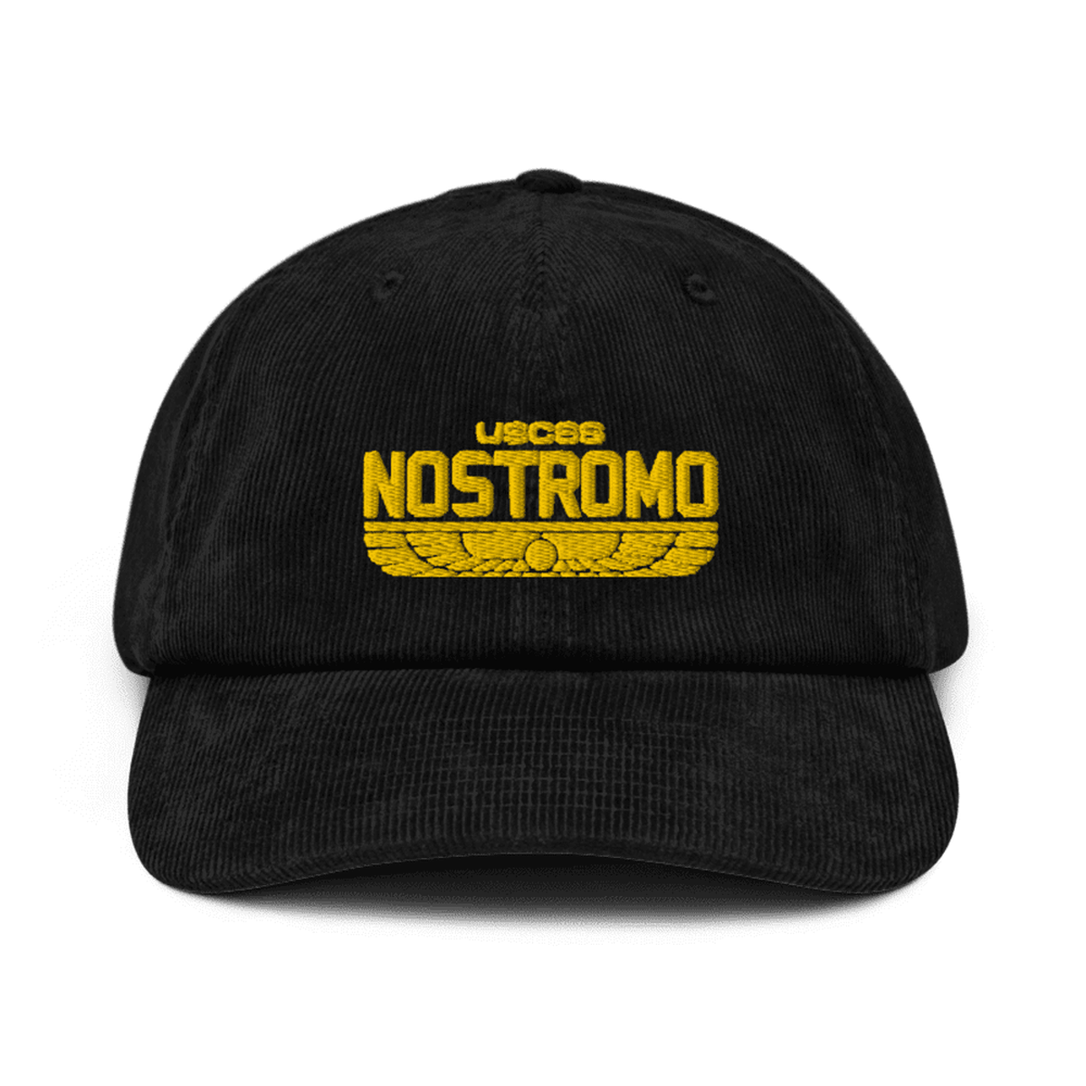 A black baseball cap features an embroidered "USCSS Nostromo" logo with a wings style design referencing the Alien franchise.