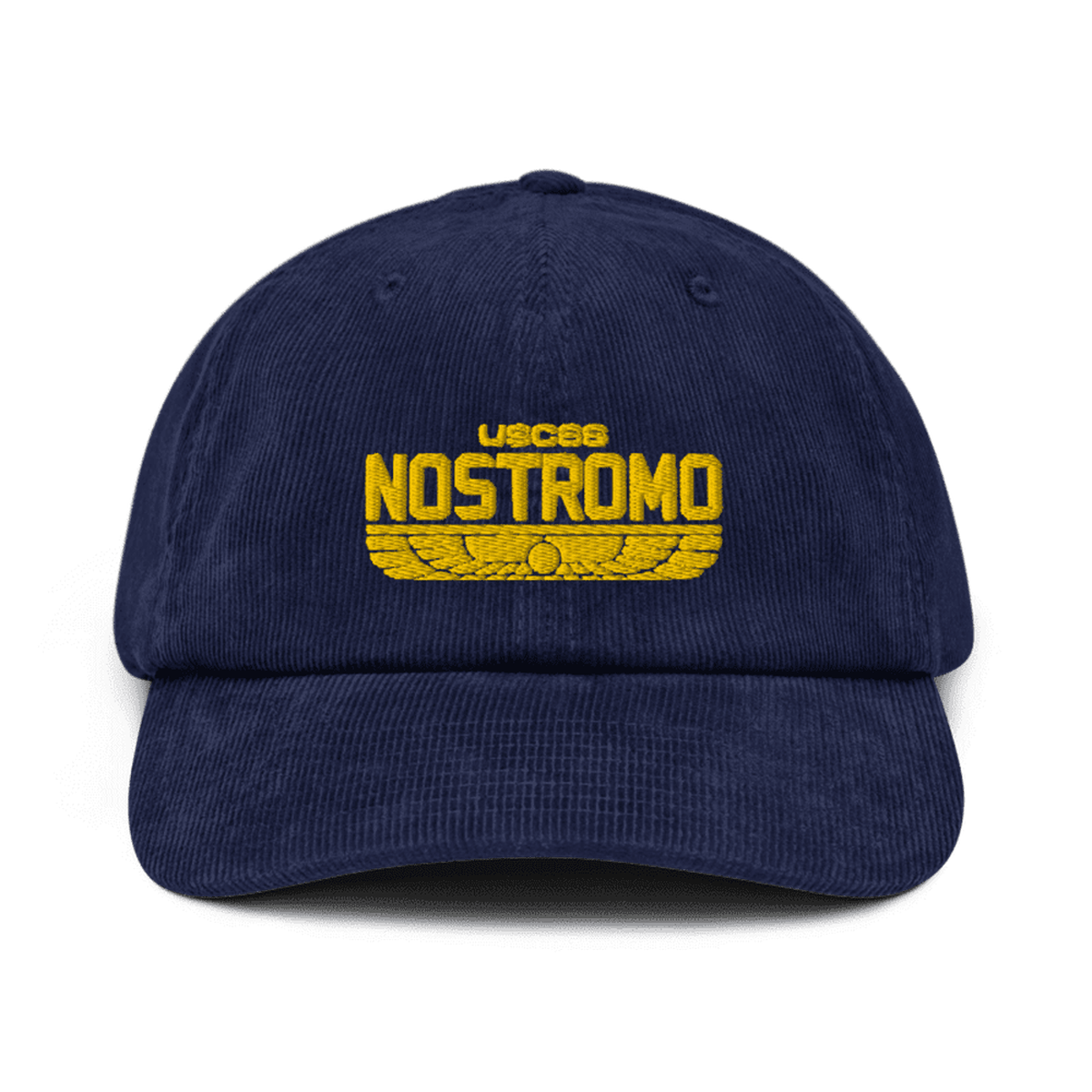 A dark blue baseball cap features an embroidered yellow "USCS Nostromo" logo with a wings style design, referencing the Alien film franchise.