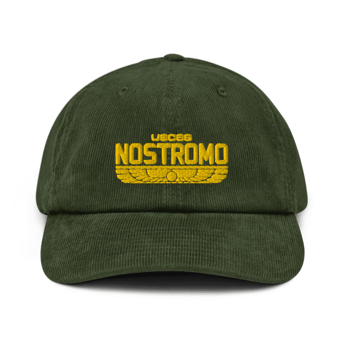 A green baseball cap features an embroidered "USCSS NOSTROMO" logo with a wings style design, referencing the Alien franchise.