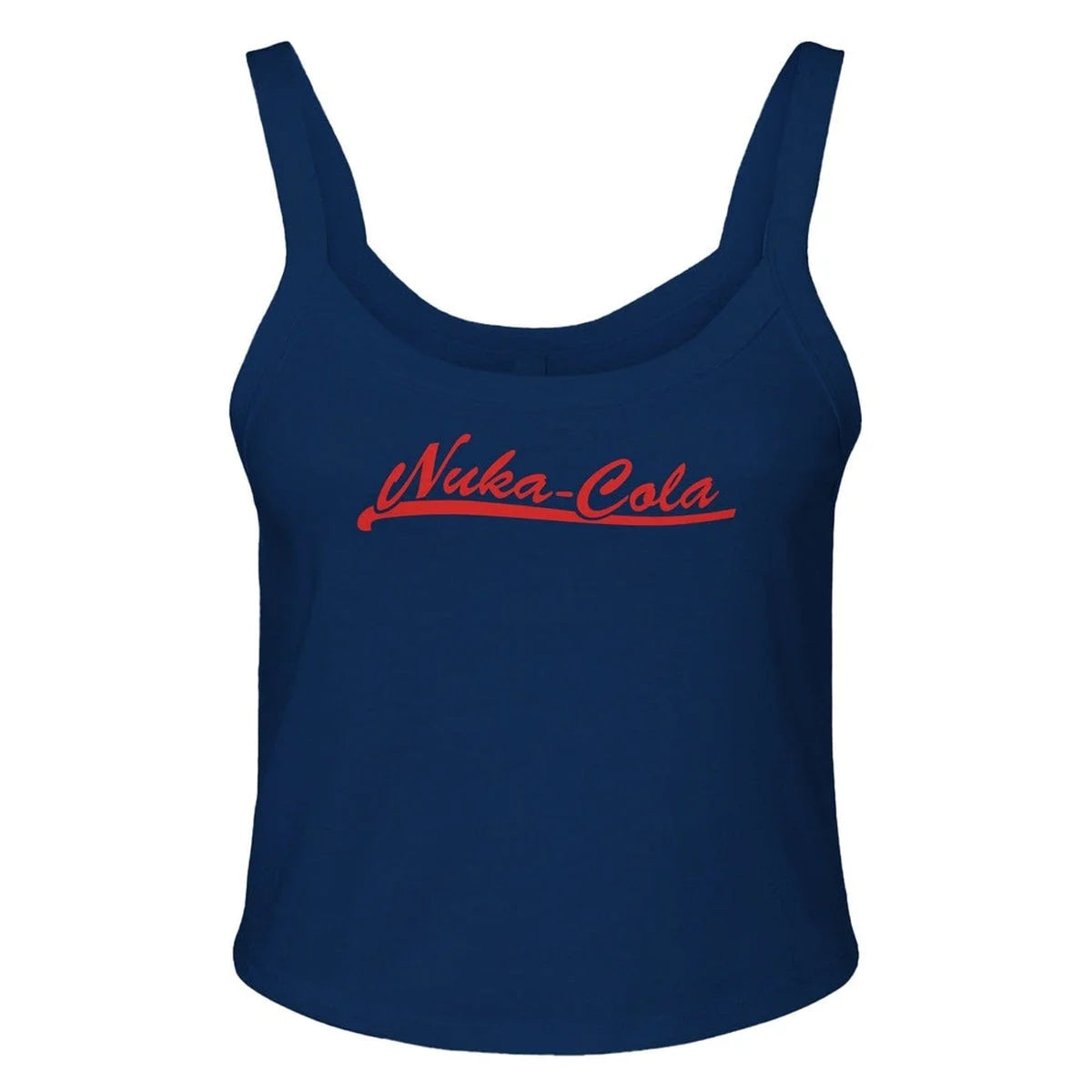 A navy blue tank top displays "Nuka-Cola" in a stylized red logo referencing the Fallout video game series.