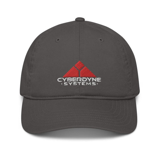 A gray cotton/corduroy baseball cap displays the Cyberdyne Systems logo from the Terminator movie.