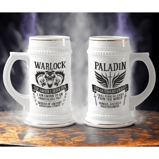 This ceramic tankard features designs representing D&D character classes Warlock and Paladin, along with associated text and imagery.