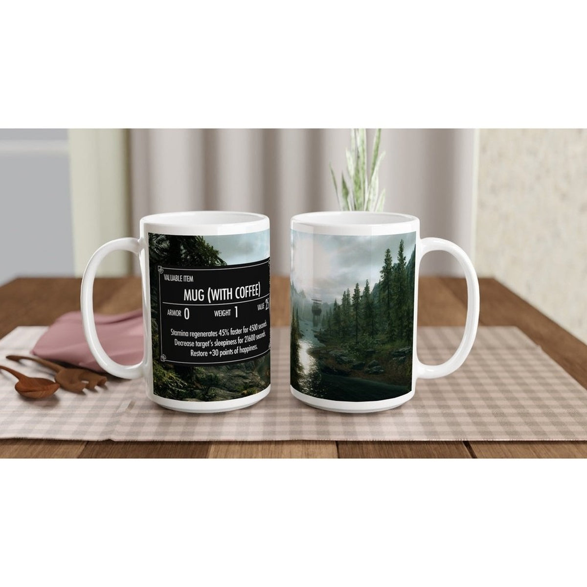 A white ceramic Skyrim coffee mug displays a graphic resembling an item card from the video game Elder Scrolls, featuring a landscape scene and text describing its properties.