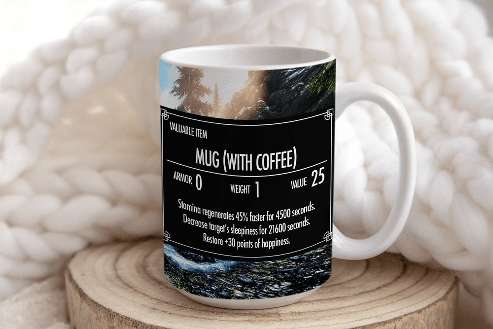 Mug with coffee labeled as a game item on a wooden block with a soft white background