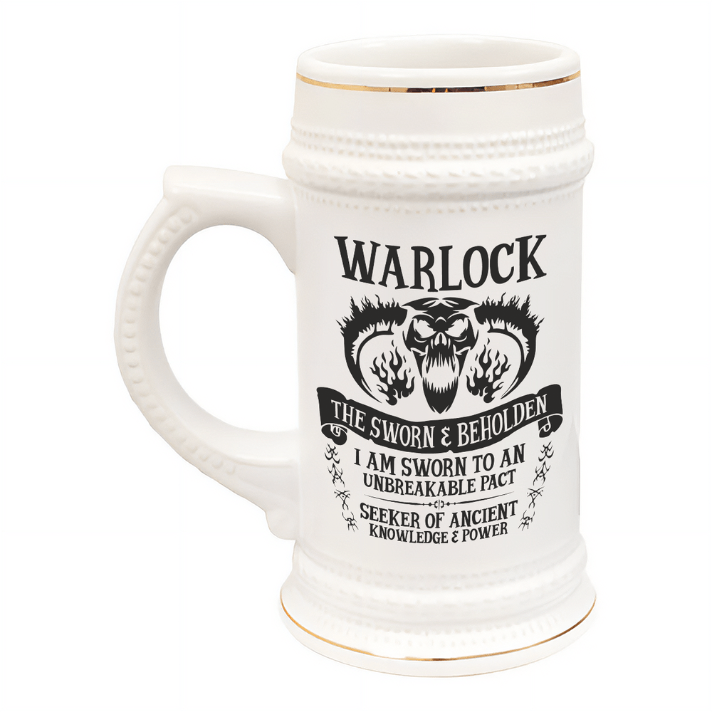 This white ceramic tankard features "Warlock" lettering and a graphic of two faces surrounded by flames, referencing D&D character classes.