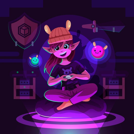 Geeky girl playing video games with DND things in the background