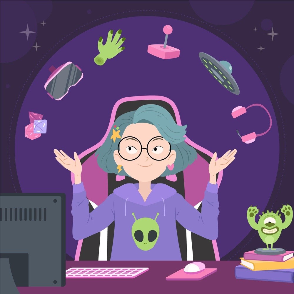 Cartoon gaming nerd with multiple interests, image by Freepik