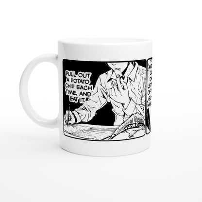 A white ceramic mug displays a black and white panel from the Deathnote manga featuring Light Yagami Raito and text reading "Pull out a potato chip each time, and eat it.