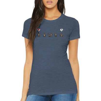 A woman wears a grey Stardew Valley T-Shirt featuring illustrations of cats and emotes across the chest.
