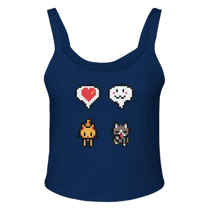A navy blue Stardew Cats tank top features pixel art icons of a heart, ghost, flame, and cat.
