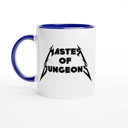 A white mug with a blue handle features "Master of Dungeons" text in a Metallica-inspired font and lightning bolt graphics.