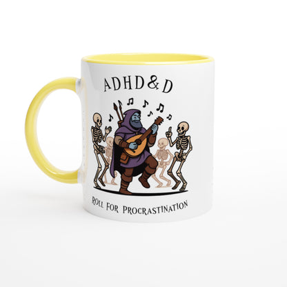 A white mug with a yellow handle features an illustration of a D&D bard playing music for dancing skeletons and reads "ADHD & D" and "Roll For Procrastination.