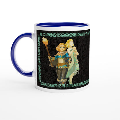 The Sheikah Mug depicts Link from The Legend of Zelda: Tears of the Kingdom standing next to a figure surrounded by Sheikah script patterns.