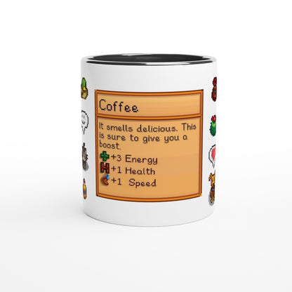 A white mug displays a Stardew Drinks pattern featuring pixelated images of various beverages and their associated stats like energy, health, and speed.