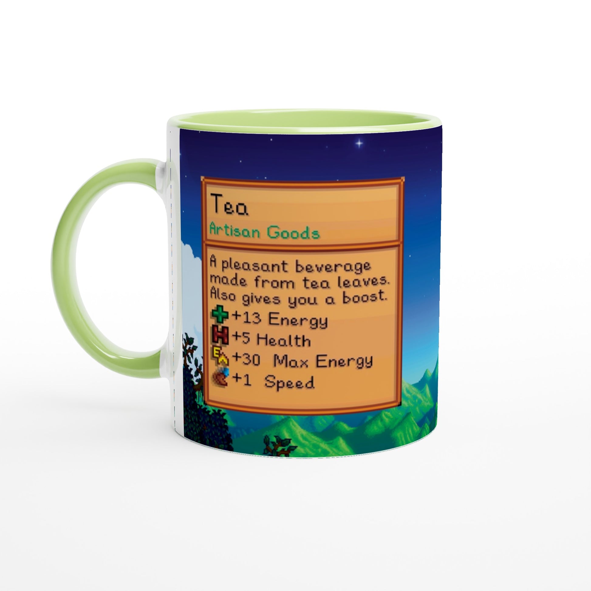 A Stardew custom tea mug features a pixelated background depicting a night scene and displaying information about "Tea" artisan goods.