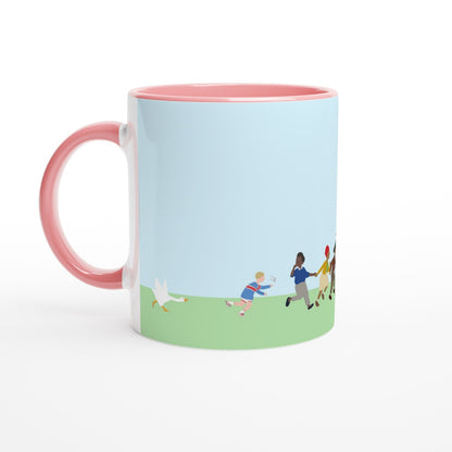Mug with a cartoon design of Untitled Goose chasing townsfolk outdoors