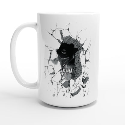 An 11oz ceramic mug features a black and white design depicting the Colossal Titan from Attack on Titan breaking through a wall.