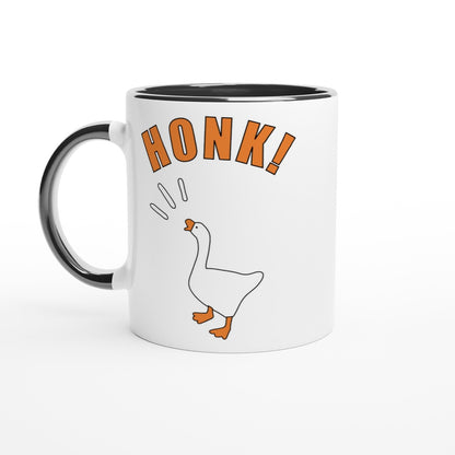 Mug with 'Honk!' text and Untitled Goose Game illustration on a white background