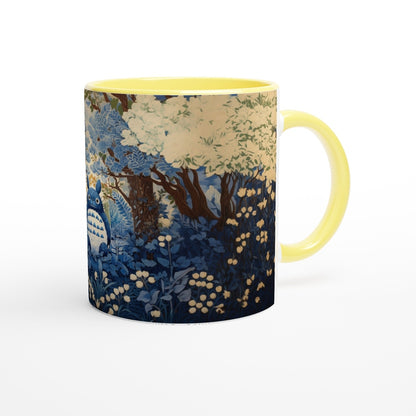 A yellow mug depicts Totoro from Studio Ghibli standing in a cherry blossom forest rendered in a chinoiserie style.
