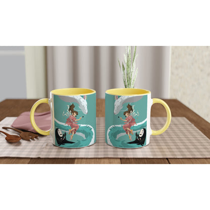 The mug depicts characters Haku, Chihiro, and No-Face from Studio Ghibli's Spirited Away floating over stylized water.