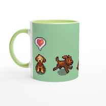 A white mug displays pixel art of dogs from Stardew Valley alongside a heart emote.