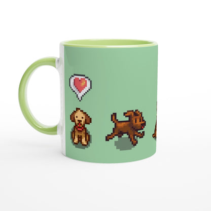 A white mug displays pixel art of dogs from Stardew Valley alongside a heart emote.