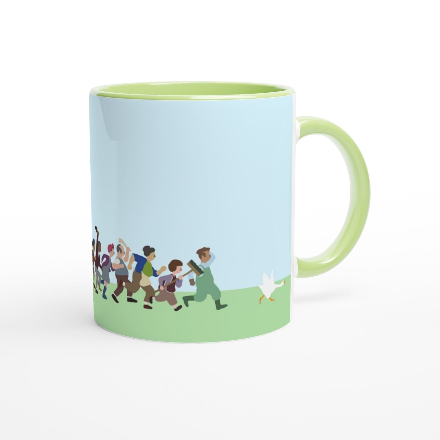 Mug with a cartoon design of Untitled Goose chasing townsfolk outdoors