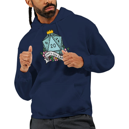 A man wearing a dark blue D&D hoodie displays a graphic of a D20 die and castle with the words "That's How I Roll.