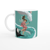 The mug depicts characters Haku, Chihiro, and No-Face from Studio Ghibli's Spirited Away flying over stylized water.