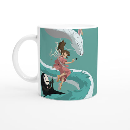 The mug depicts characters Haku, Chihiro, and No-Face from Studio Ghibli's Spirited Away flying over stylized water.