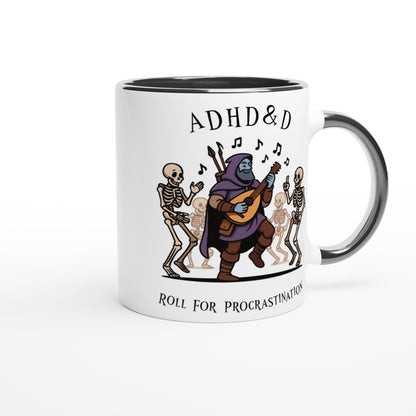 A white mug with a black rim and handle features cartoon illustrations of skeletons dancing around a D&D bard playing music, along with the words "ADHD&D" and "Roll for Procrastination.
