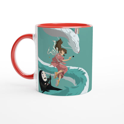 The ceramic mug depicts characters Haku, Chihiro, and No-Face from Studio Ghibli's Spirited Away in a stylized illustration.