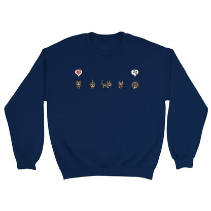 A dark blue Stardew Valley jumper features grey cats and emotes arranged across the chest.