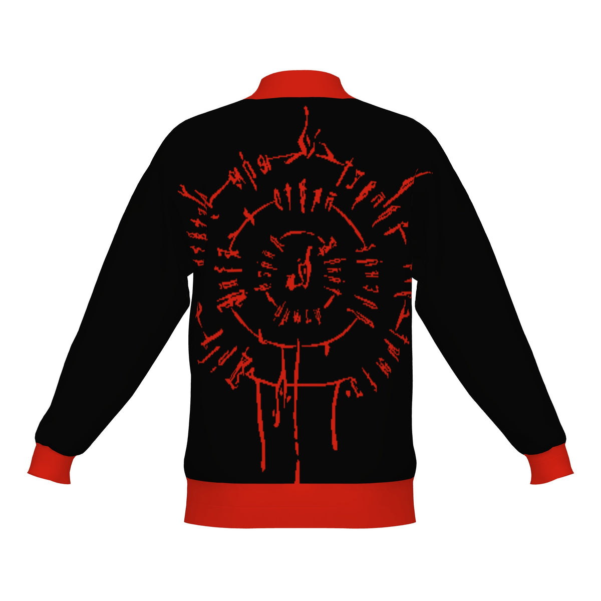 Back of the BG3 Astarion inspired infernal runes knitted bomber jacket showing the full red infernal rune circle on black