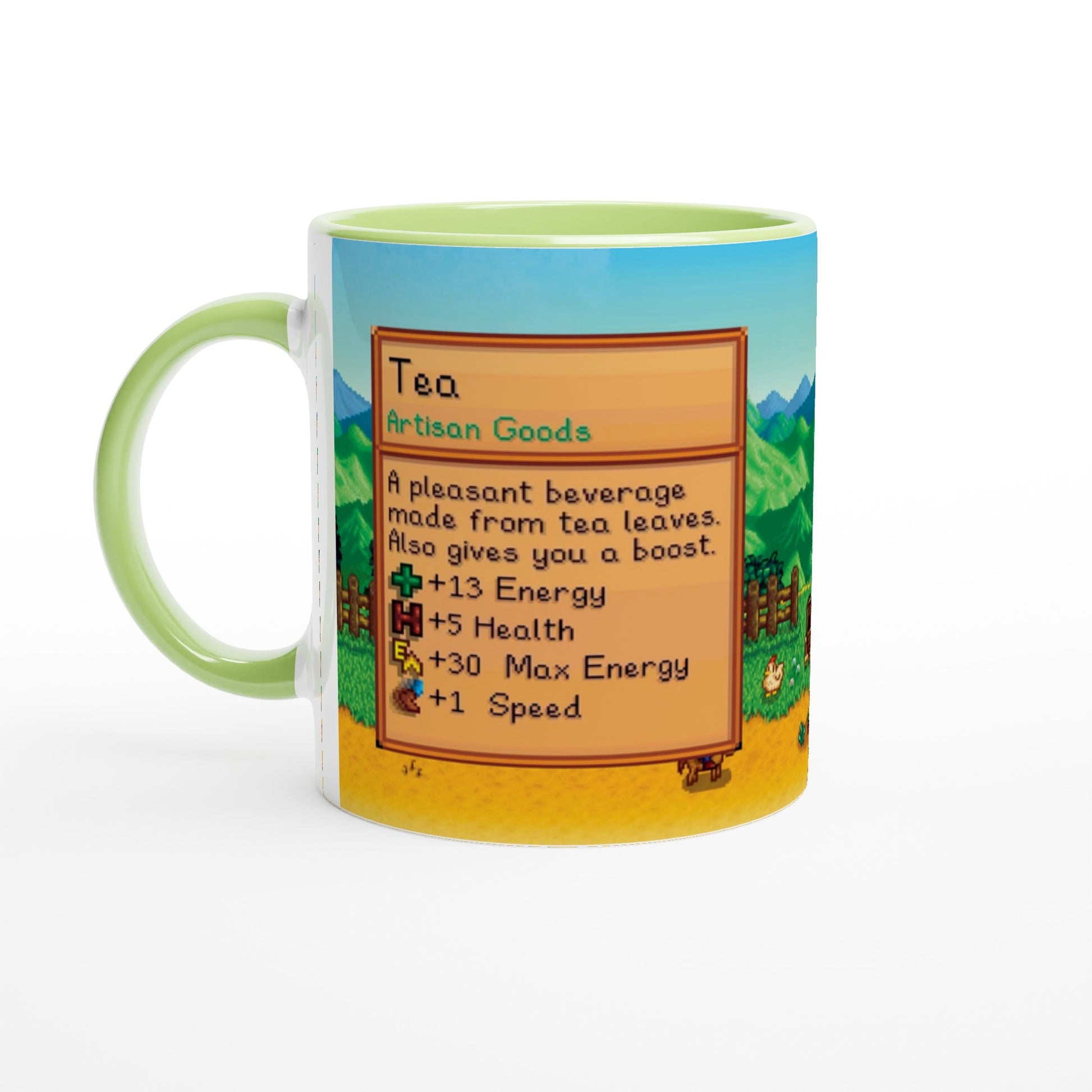 This Stardew custom tea mug features a pixelated design of a tea recipe card and background inspired by the video game Stardew Valley, with a green handle.