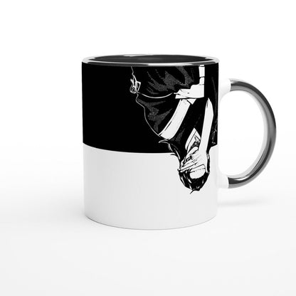 A white mug features a black and white illustration depicting Satoru Gojo versus Suguru Geto from Jujutsu Kaisen in a yin/yang design.
