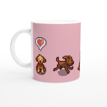 A white mug displays pixel art of dogs and a heart from the Stardew Valley video game.