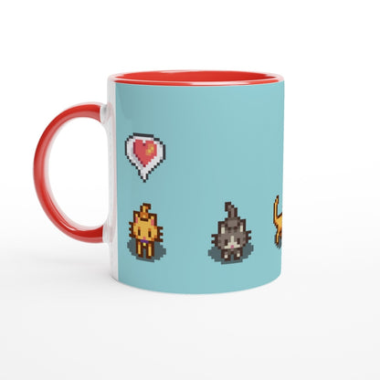 A white mug displays pixelated graphics of ginger and tabby cats alongside emotes from the Stardew Valley computer game.