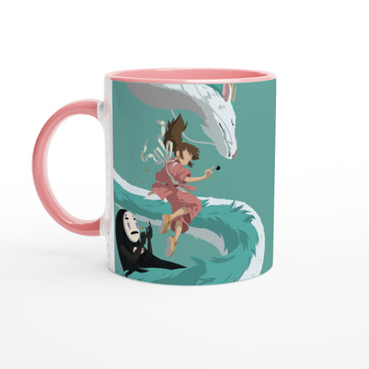 The ceramic mug depicts characters from Studio Ghibli's Spirited Away, including Haku as a dragon, Chihiro, and No-Face in a stylized illustration.
