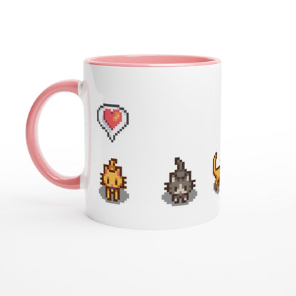 A white mug with a pink handle features pixelated graphics of ginger and tabby cats and emotes from the Stardew Valley computer game.