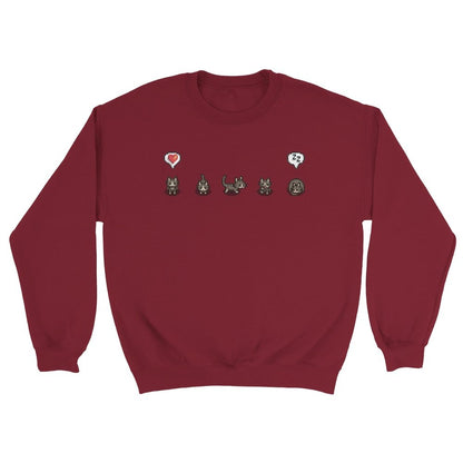 A red unisex crewneck sweatshirt displays pixelated characters and emotes from the Stardew Valley computer game.