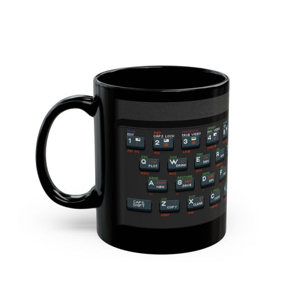 A black mug displays pixel art resembling a Retro Spectrum keyboard layout.