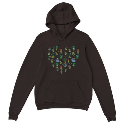 A black hoodie displays a heart-shaped pattern of Korok characters from The Legend of Zelda: Tears of the Kingdom and Breath of the Wild.