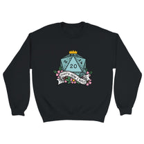 A black Gildan® crewneck sweatshirt displays a D&D-themed graphic featuring a twenty-sided die and ribbon reading "That's How I Roll.