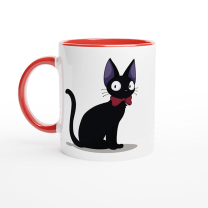 A white mug features an illustration of Gigi, a black cat with purple ears and a red bow tie inspired by Studio Ghibli's Kiki's Delivery Service.