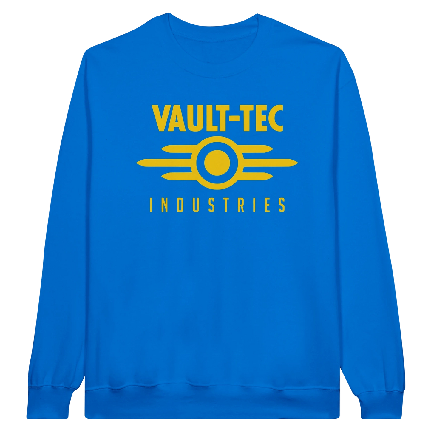 Blue sweatshirt with 'Vault-Tec Industries' text and logo on a white background